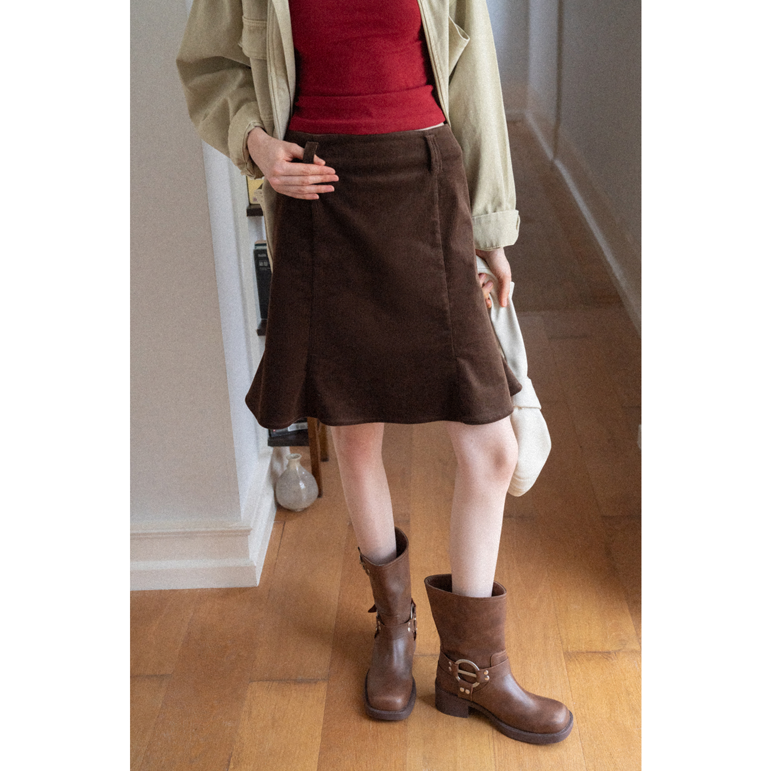 EGGKA灯芯绒高腰半身裙秋气质鱼尾a字防走光短裙E25B3864AF