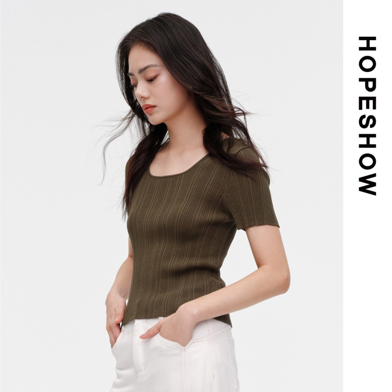 【红袖 】芭蕾领坑条短袖上衣 89124190117