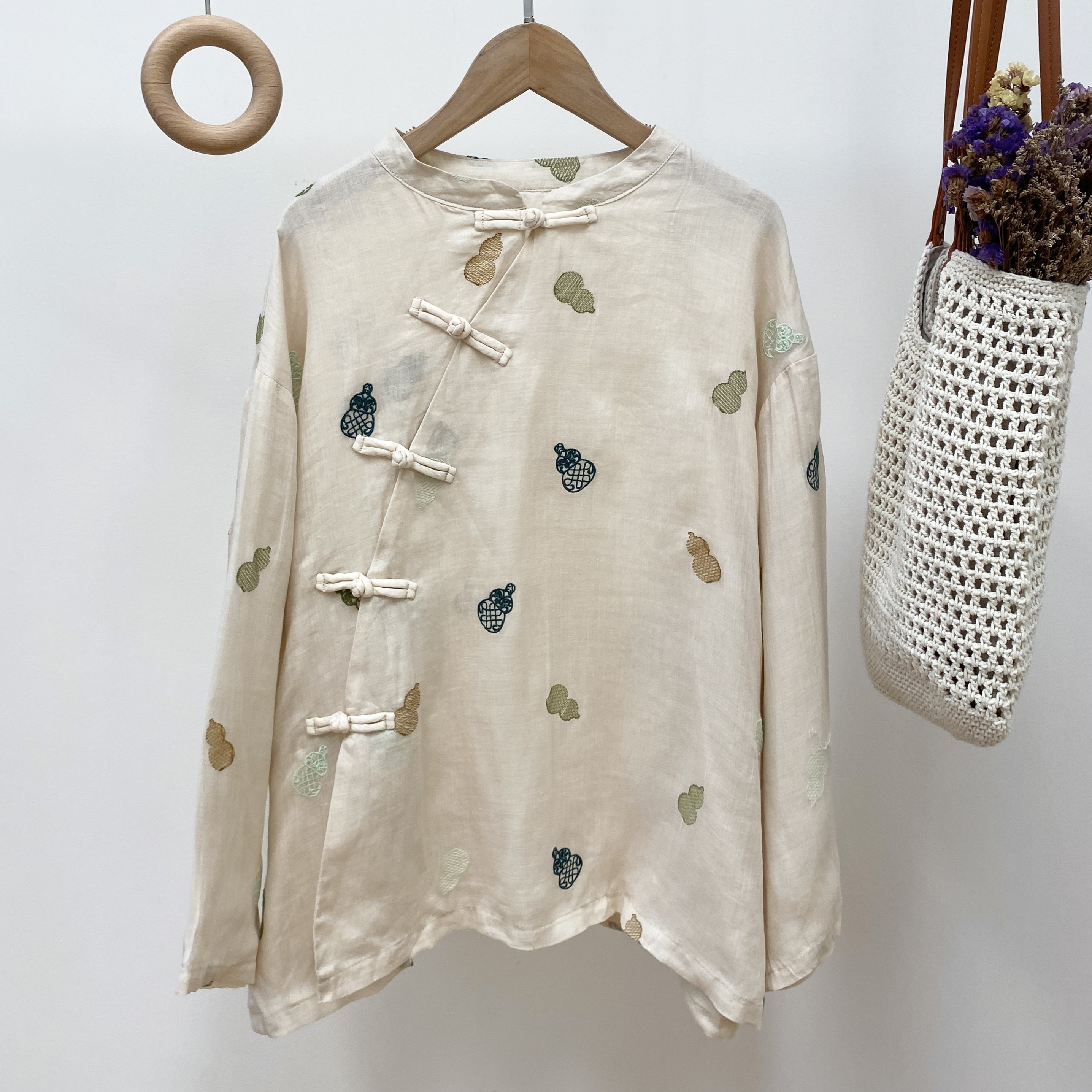 【新中式盘扣葫芦刺绣苎麻衬衫】4641