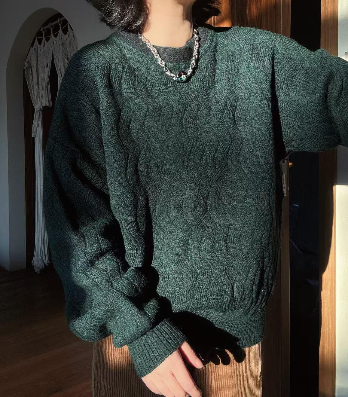 95新 DIOR/迪奥 迪奥/绿拼黑水波纹圆领毛衣