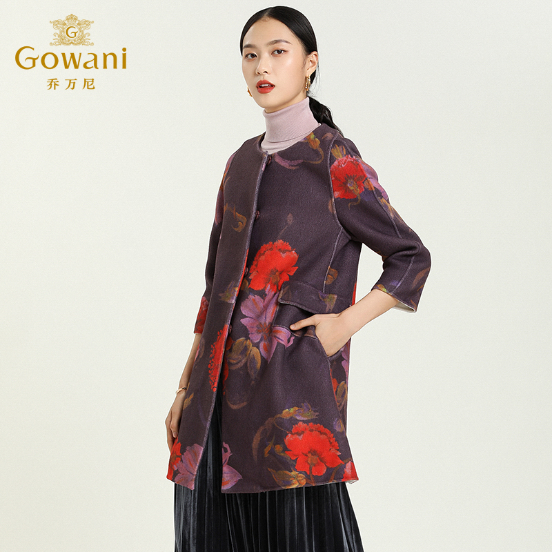 Gowani/乔万尼中长款羊毛大衣时尚圆领九分袖大衣外套女E164A037