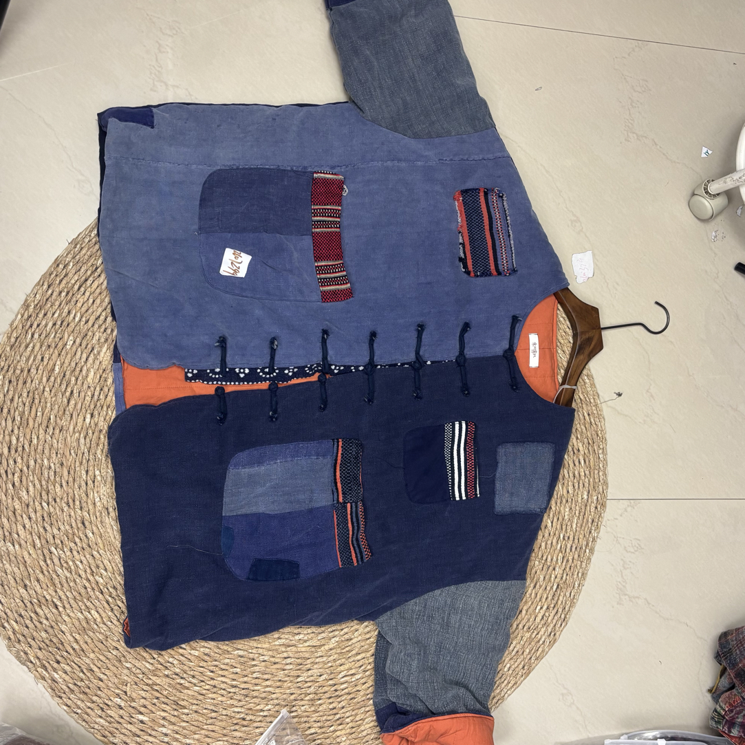 复古民族风蓝染古布拼接盘扣开衫外套（颜色随机介意勿拍）