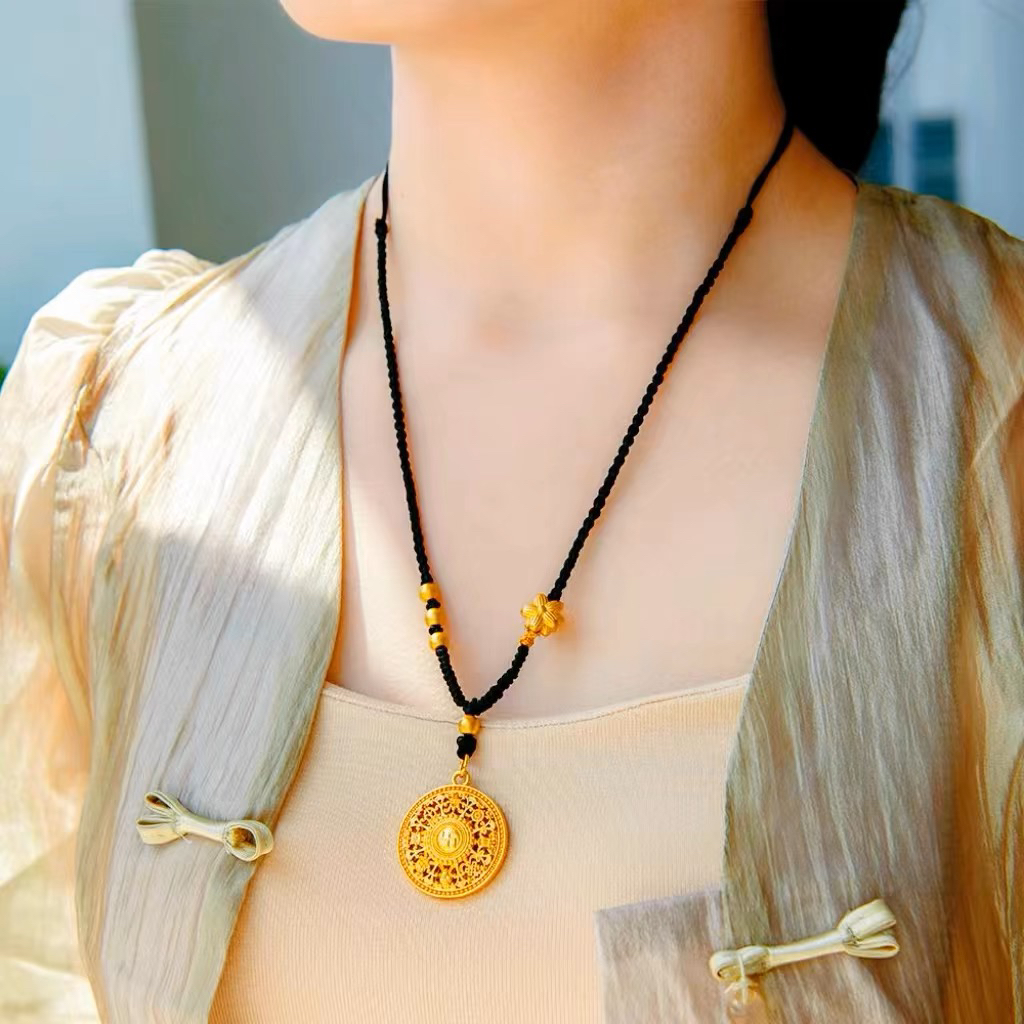 铜合金涤纶项链 新款古法八宝罗盘项链莲花绳毛衣链