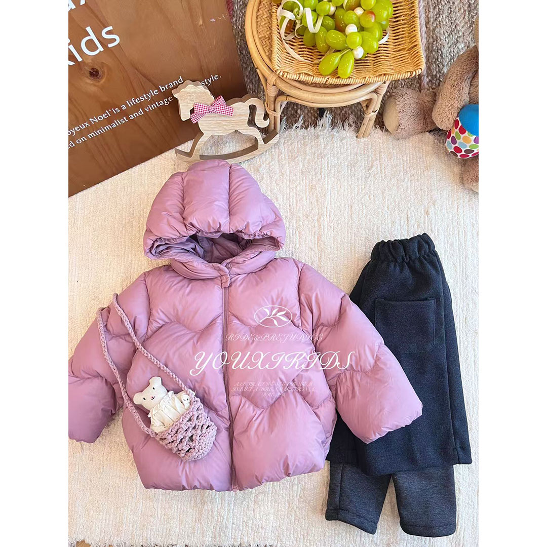 现飞飞家浓郁紫25冬季新纯色连帽分格洋气保暖白鹅绒服 FF3015