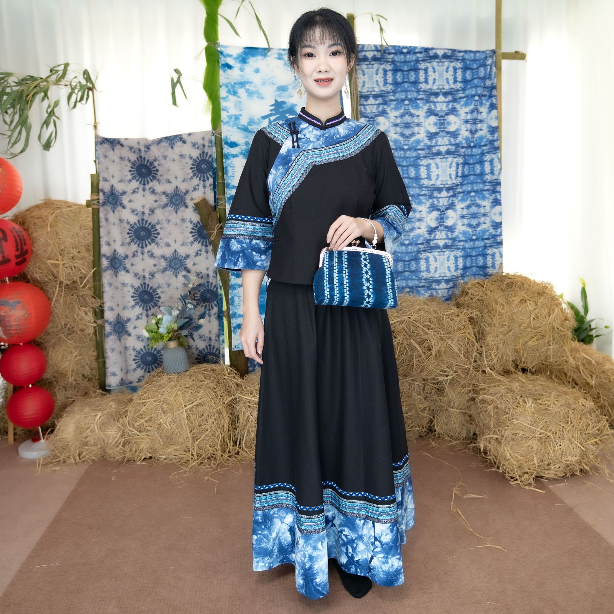 （断码清货）布依族服装传统民族风刺绣土布修身上衣长裙民族风套装