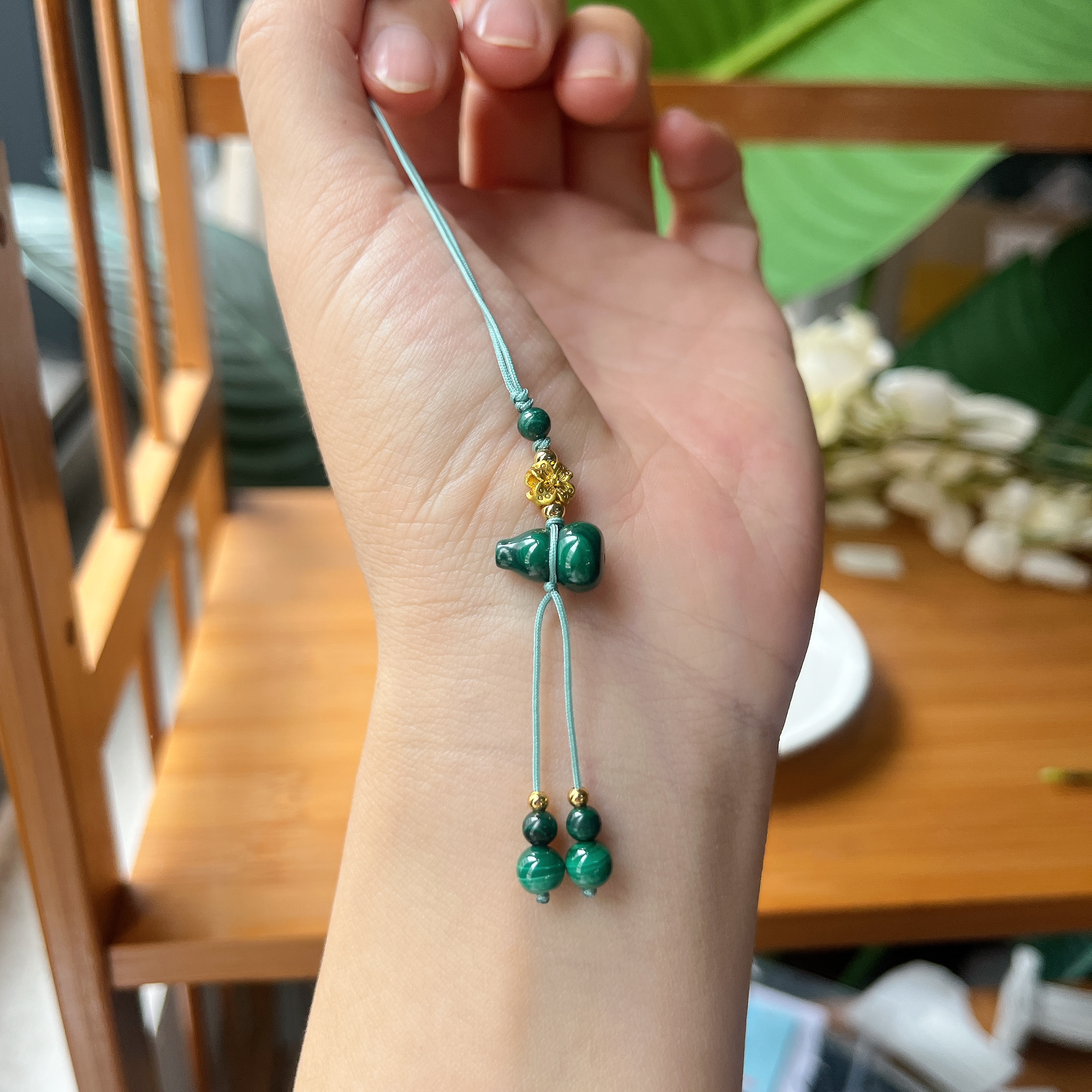  【郭老师】孔雀石葫芦孔雀石圆珠搭桂花合金配件手机挂