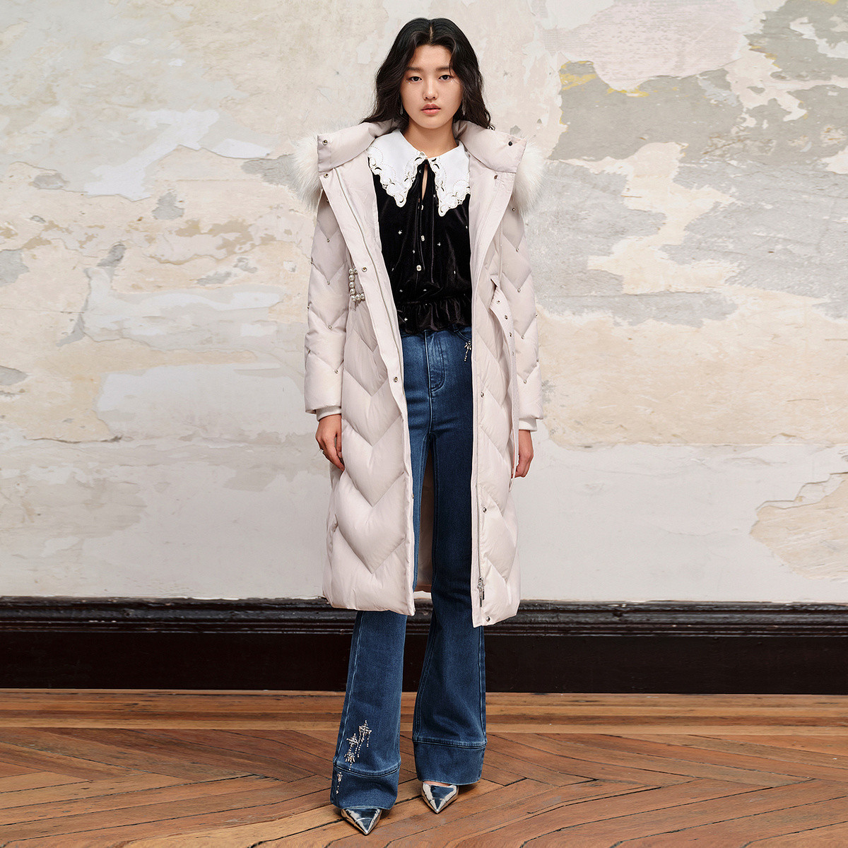 【初依专属】MAXRIENY貉子毛条领连帽羽绒服过膝长款外套