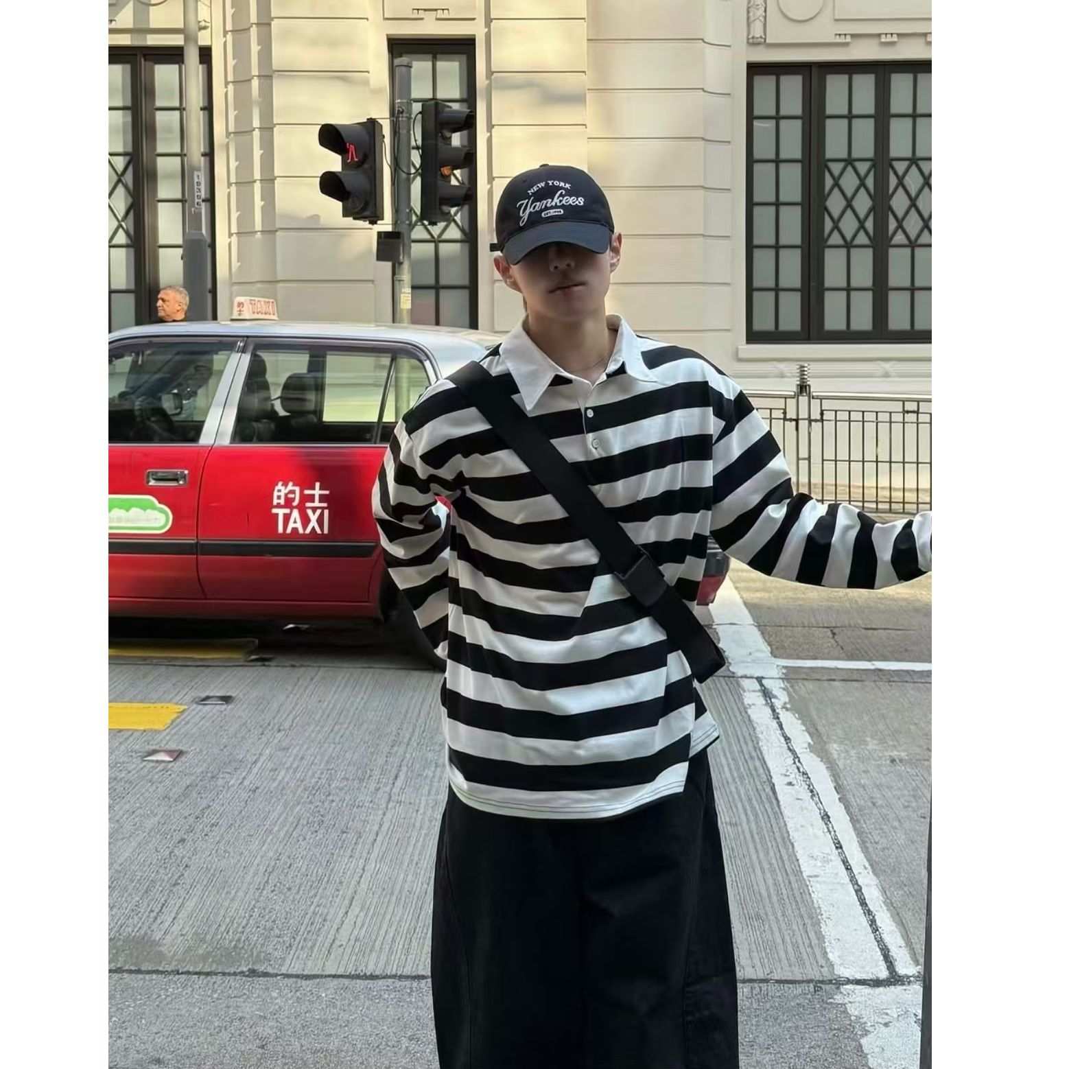 LOMBT美式翻领Logo刺绣落肩百搭长袖polo衫男女同款