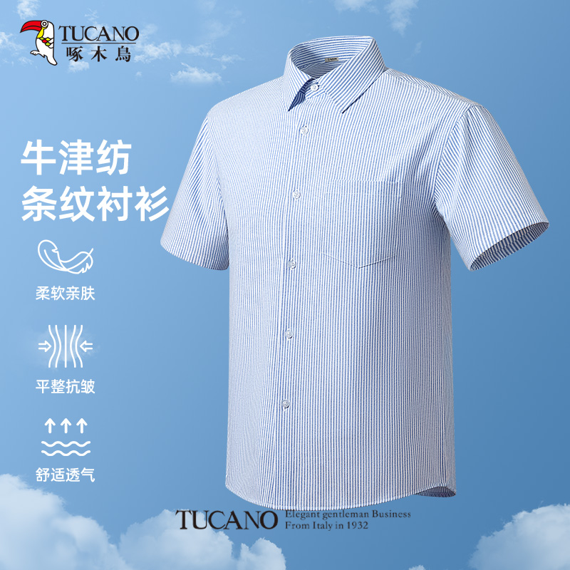 啄木鸟蓝色衬衫男士2025新款牛津纺条纹衬衣春秋日常通勤翻领上衣