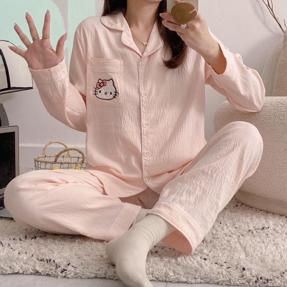 粉色口袋猫云朵棉睡衣秋冬季女款爆款2025新款家居服长袖长裤套装