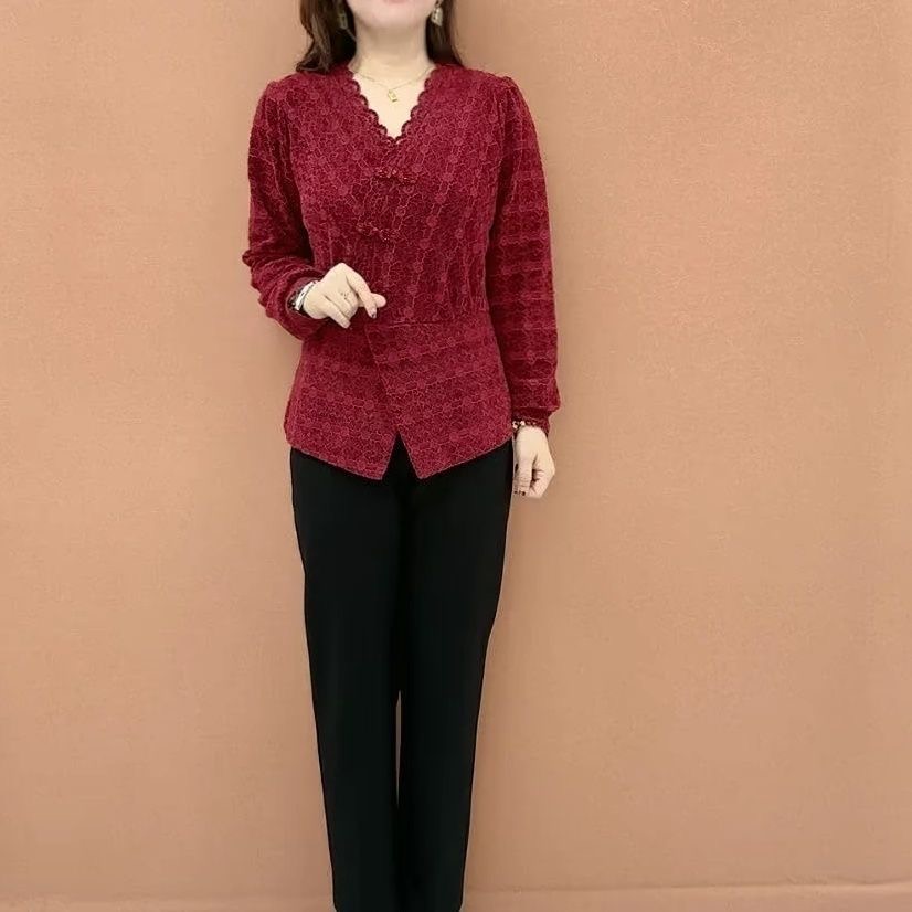 气质V领长袖常规拼接轻职风中国风T恤国风妈妈装时尚短款打底衫