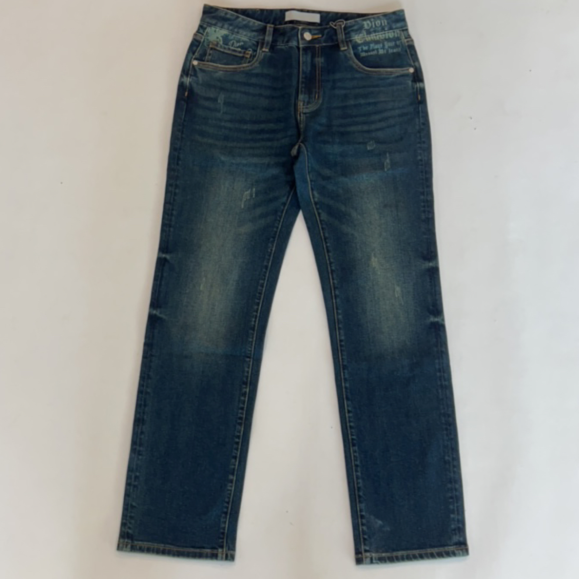 秋冬款深蓝色印花休闲直筒牛仔裤