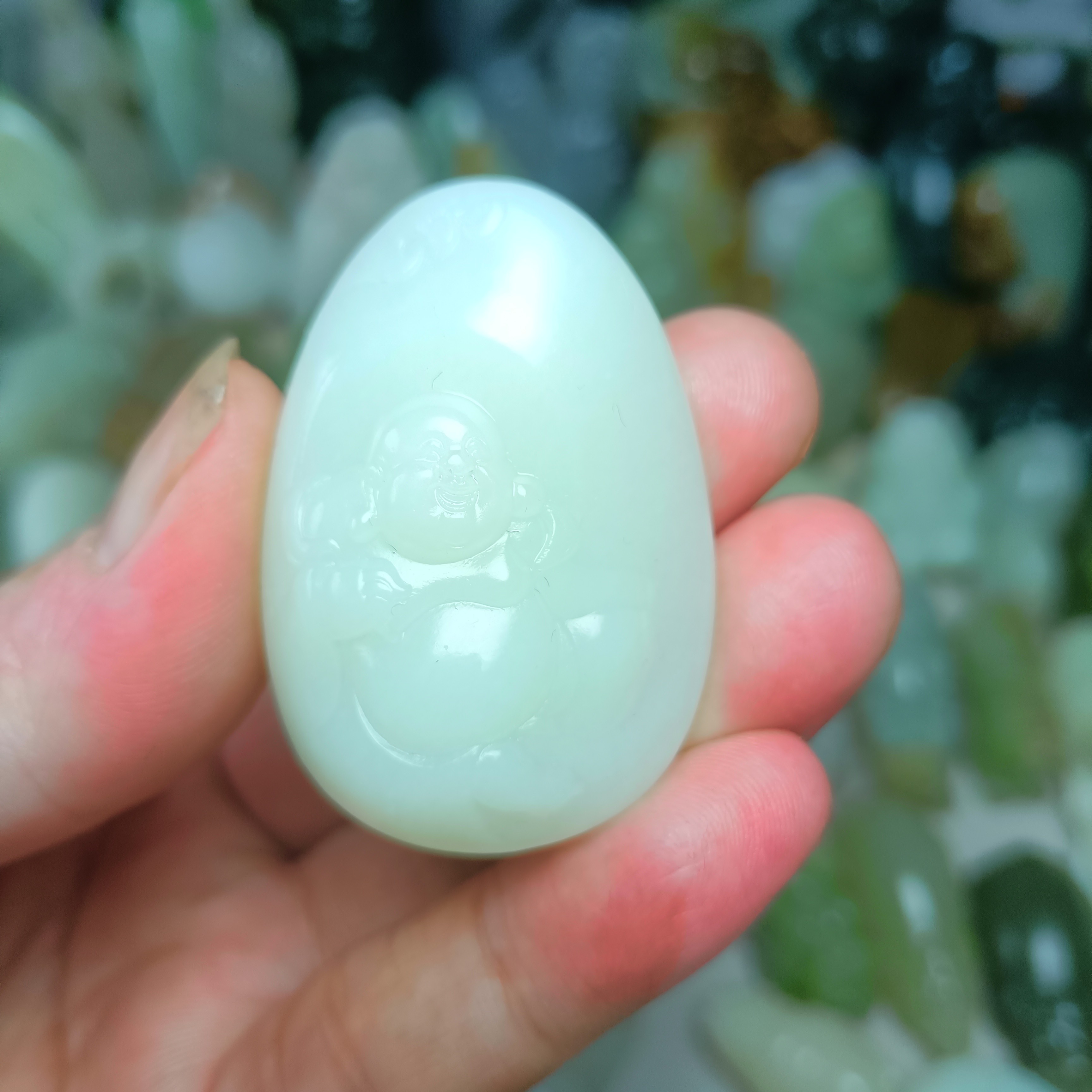 天然和田玉俄料温润细腻弥勒佛脂粉十足手工雕刻挂件