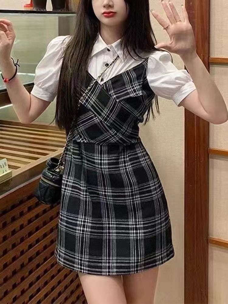 江【801-900】泡泡袖格子连衣裙