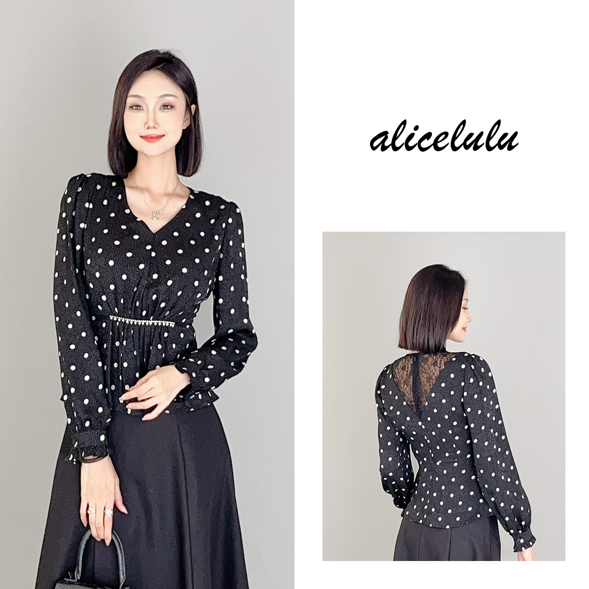 6alicelulu “复古女王”衬衫 钻饰收腰 优雅波点 S2138931Q
