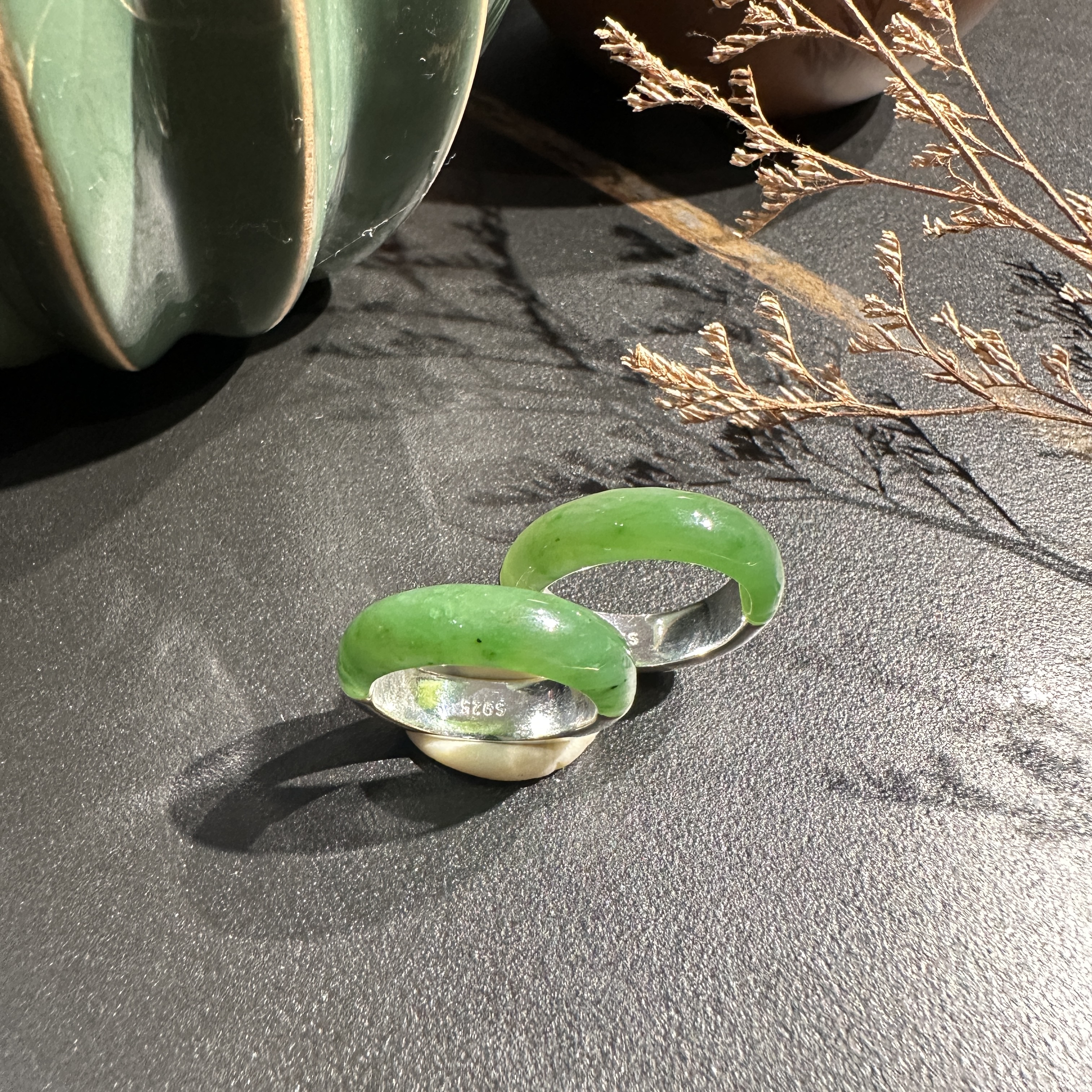 925银镶和田玉碧玉戒指多样性发货发其一