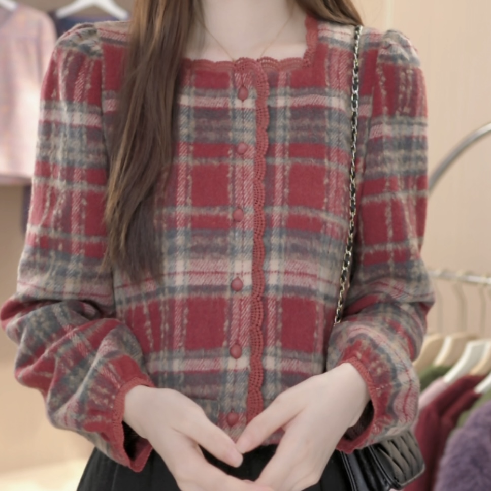 【大脸哈】2025秋冬新款方领格子设计蕾丝拼接长袖衬衫女百搭小衫