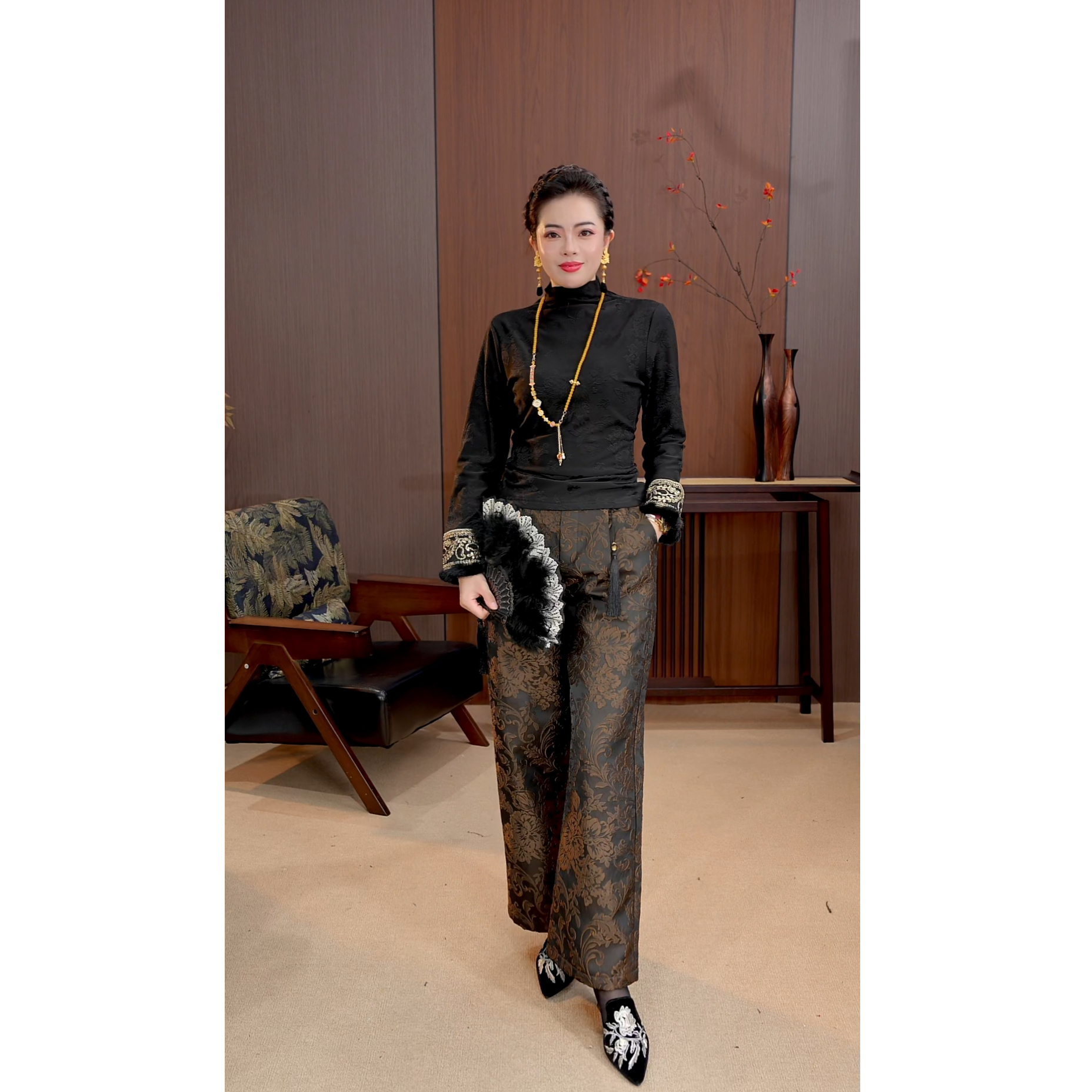 【步履生香】一缎香云加绒复古时尚百搭新中式国风窄版阔腿裤418