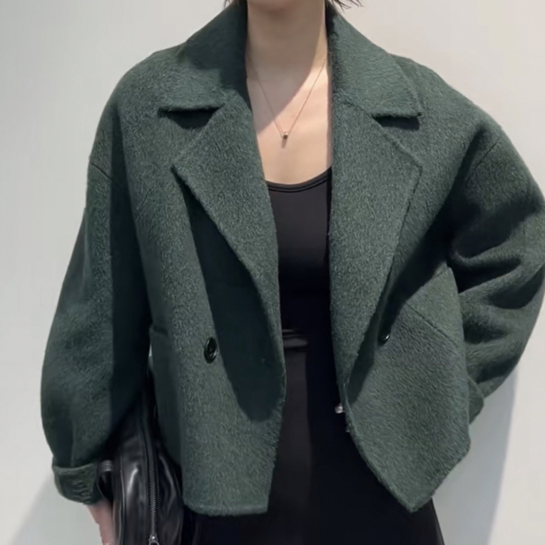 骆马绒西装领双面呢短款加厚宽松双排扣蝙蝠袖大衣