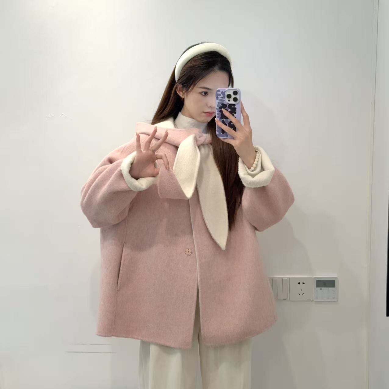 【中长款】韩系可爱兔耳朵秋冬双面呢大衣斗篷款外套