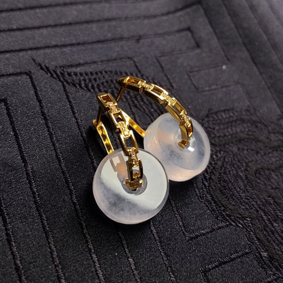 翡翠18K金镶嵌耳饰链条耳包➕路路通