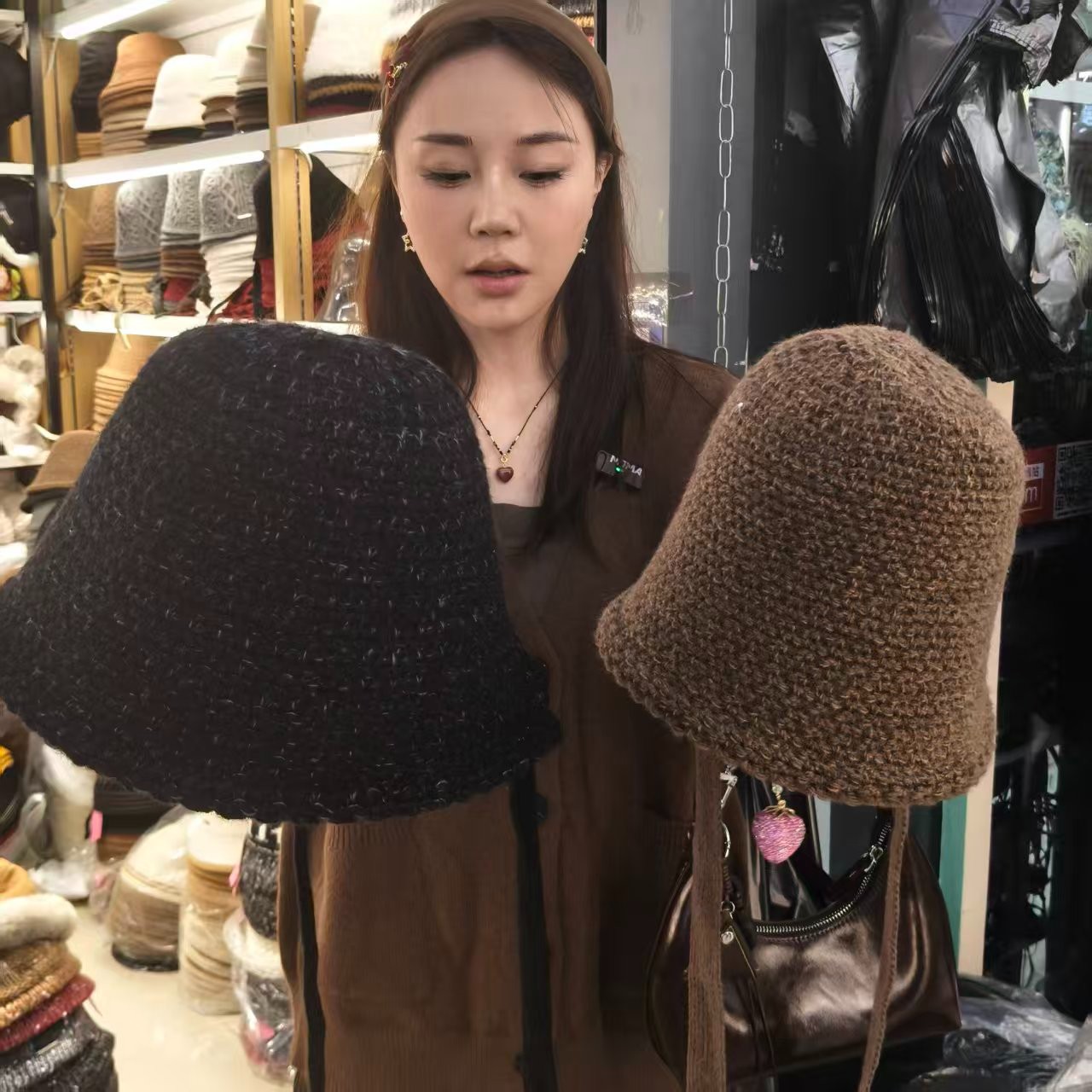 冬季针织渔夫帽带绑带