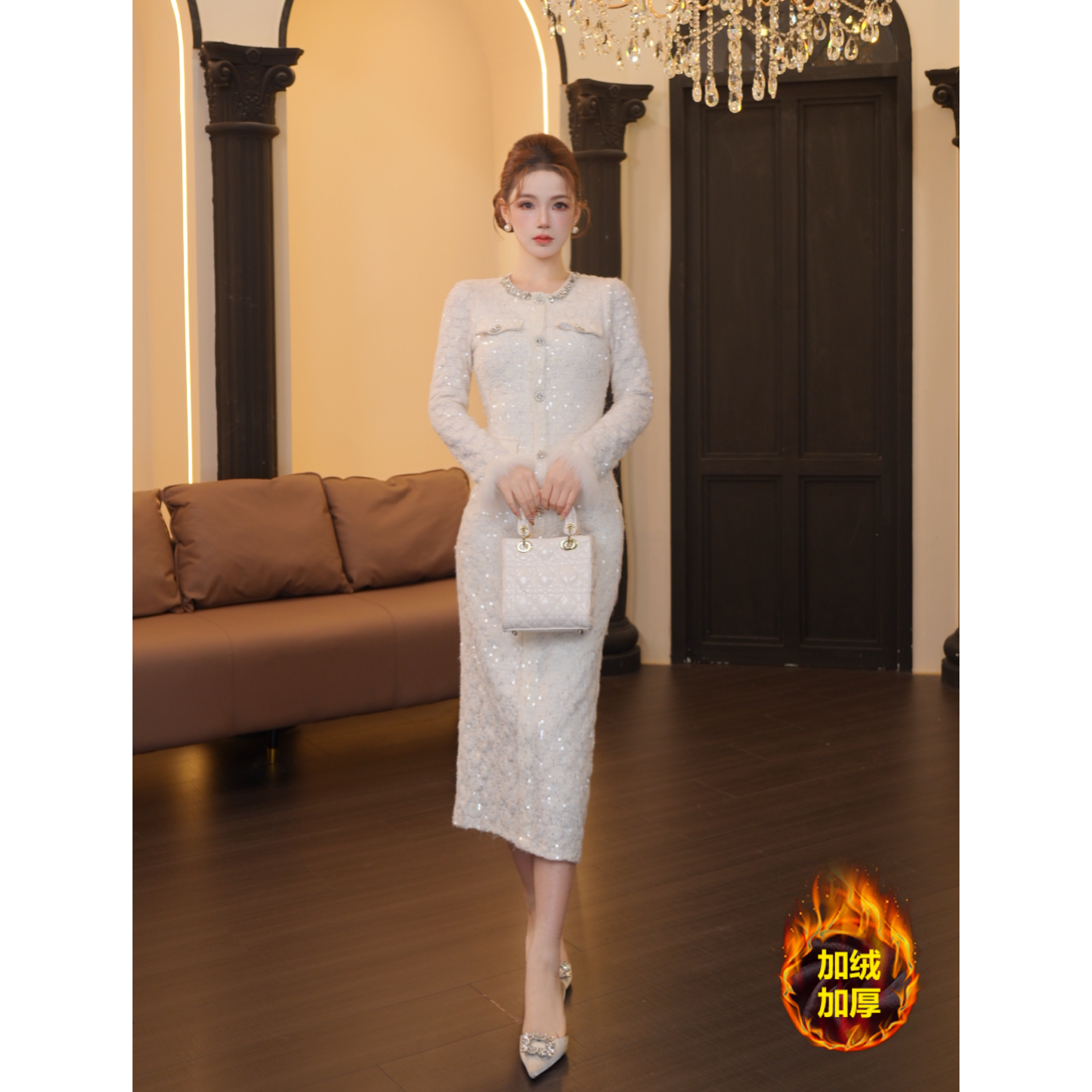 3店-281【温迪专属】长款常规法式连衣裙轻奢高腰秋冬加绒加厚N679