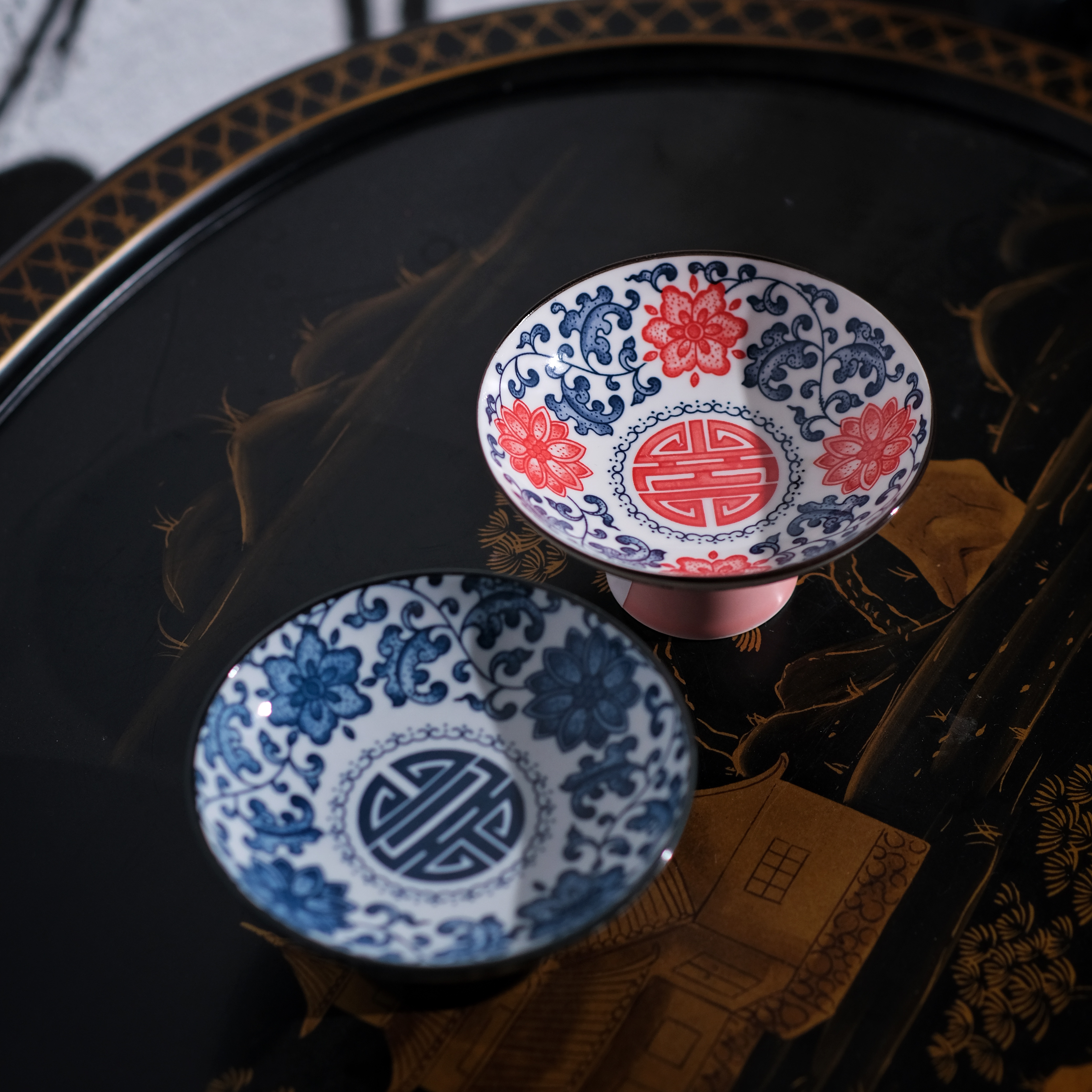 青花果盘加釉里红果盘 ZHZ195