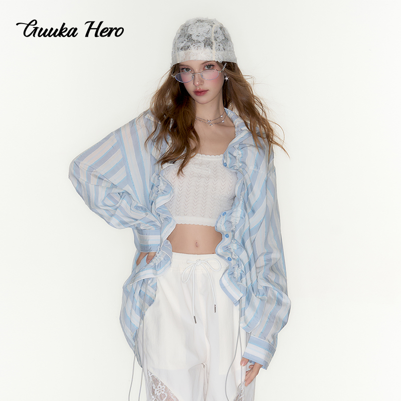 GUUKAHERO浅蓝方领条纹长袖衬衫女 个性门襟抽褶休闲百搭衬衫外套