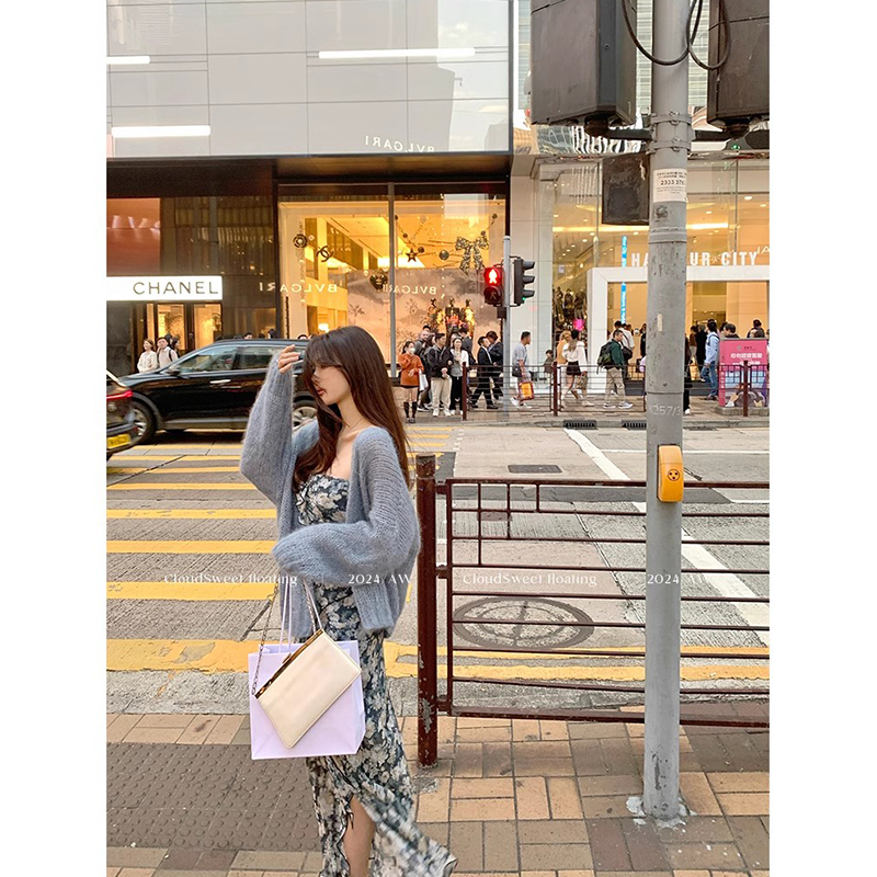 兰海色碎花吊带裙抹胸连衣裙春中长款显瘦收腰+开衫短外套