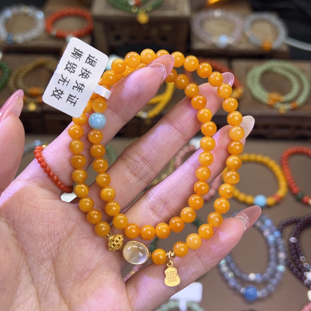 蜜蜡手链银S925镶嵌双圈
