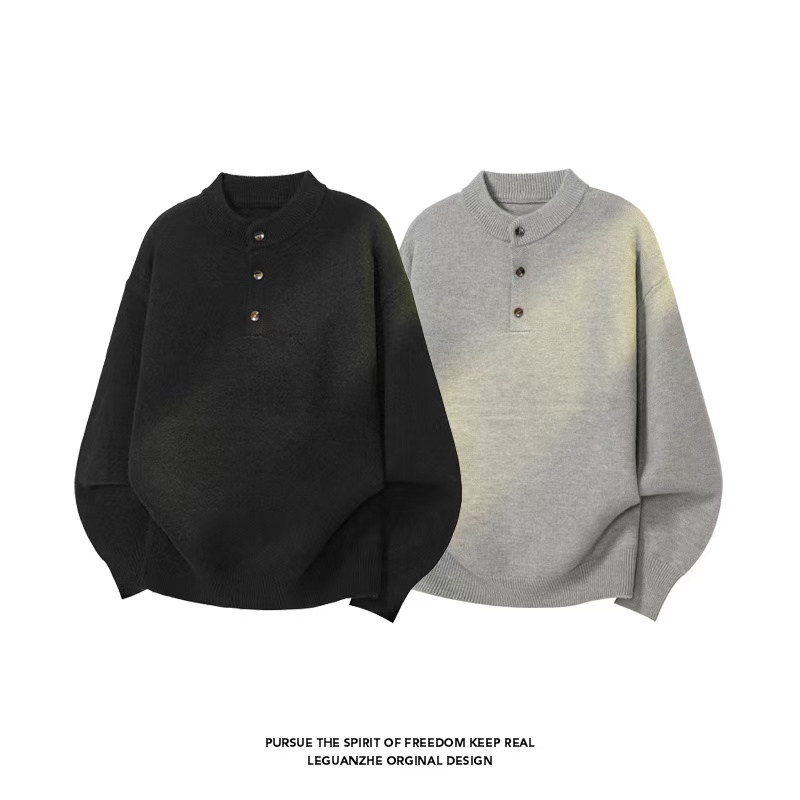 设计感复古纯色亨利领毛衣高级感休闲百搭针织衫上衣-25821