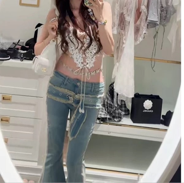 千禧辣妹蝴蝶搭扣弹力大廓形喇叭牛仔裤显瘦辣妹风