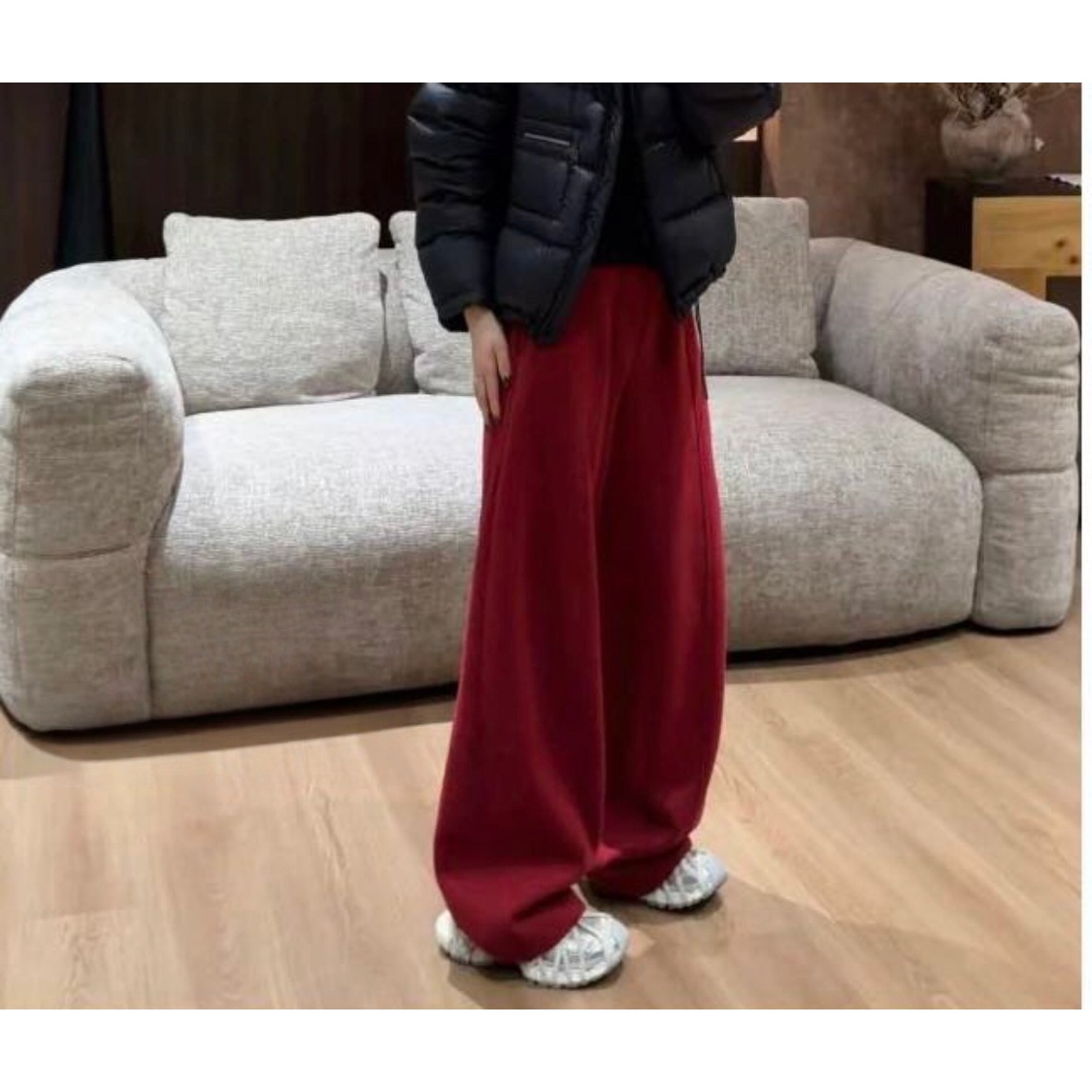 【冬日本命红拼接弯刀裤】冬日氛围感高腰百搭垂感阔腿弯刀裤336