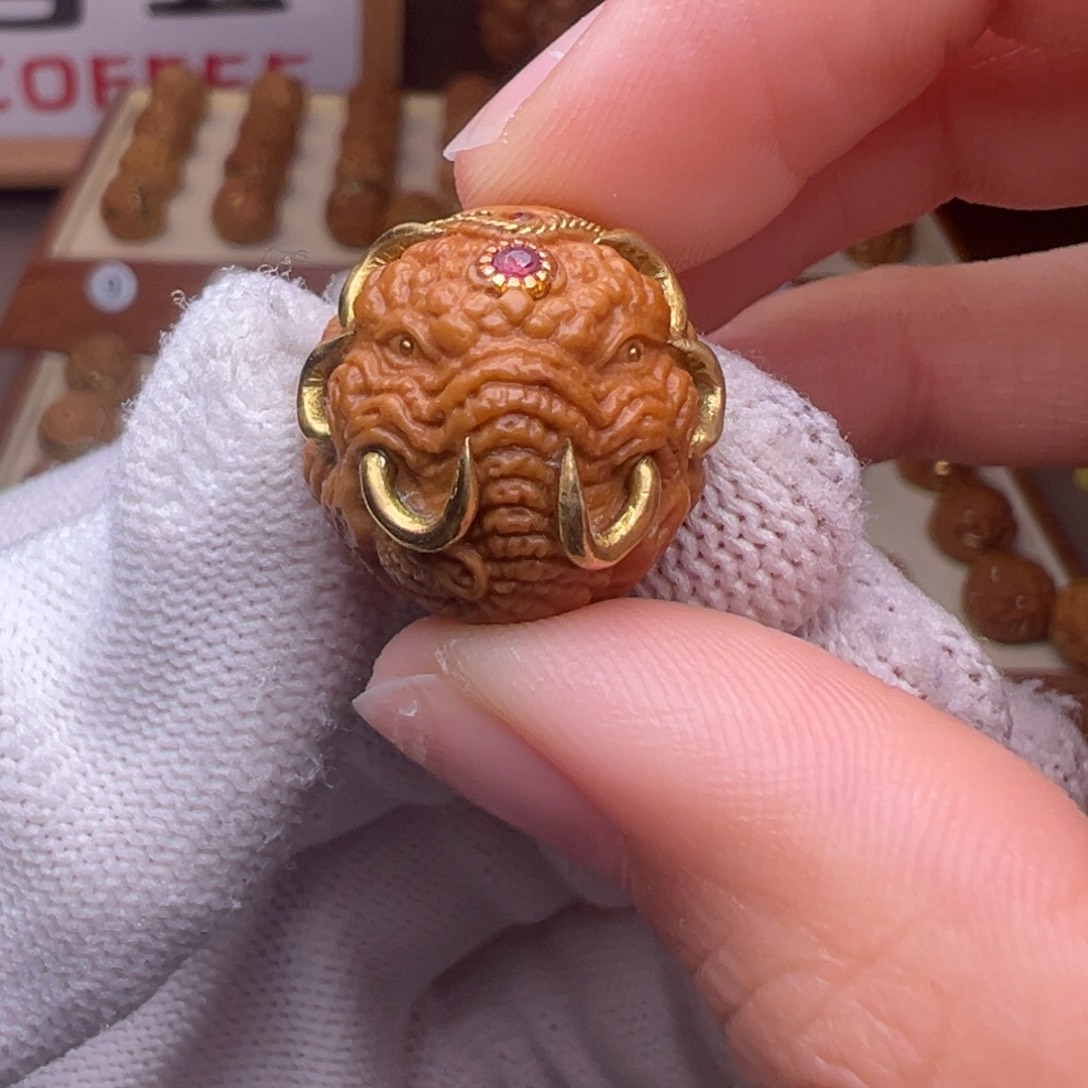 把件猴头核桃镶嵌款象神唐狮全品有正常封口线