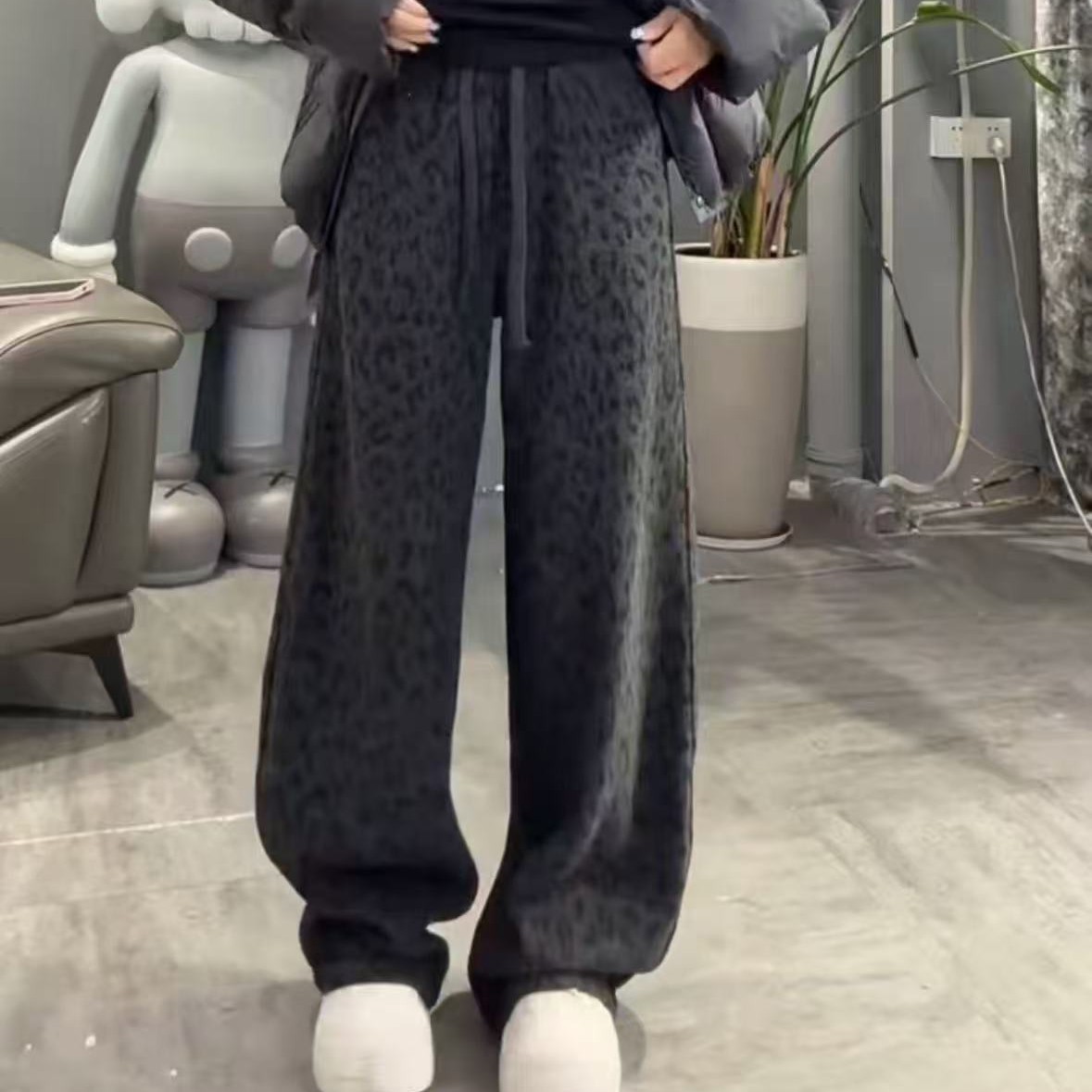 加绒加厚豹纹高腰显瘦直筒休闲裤女冬新款裤2558