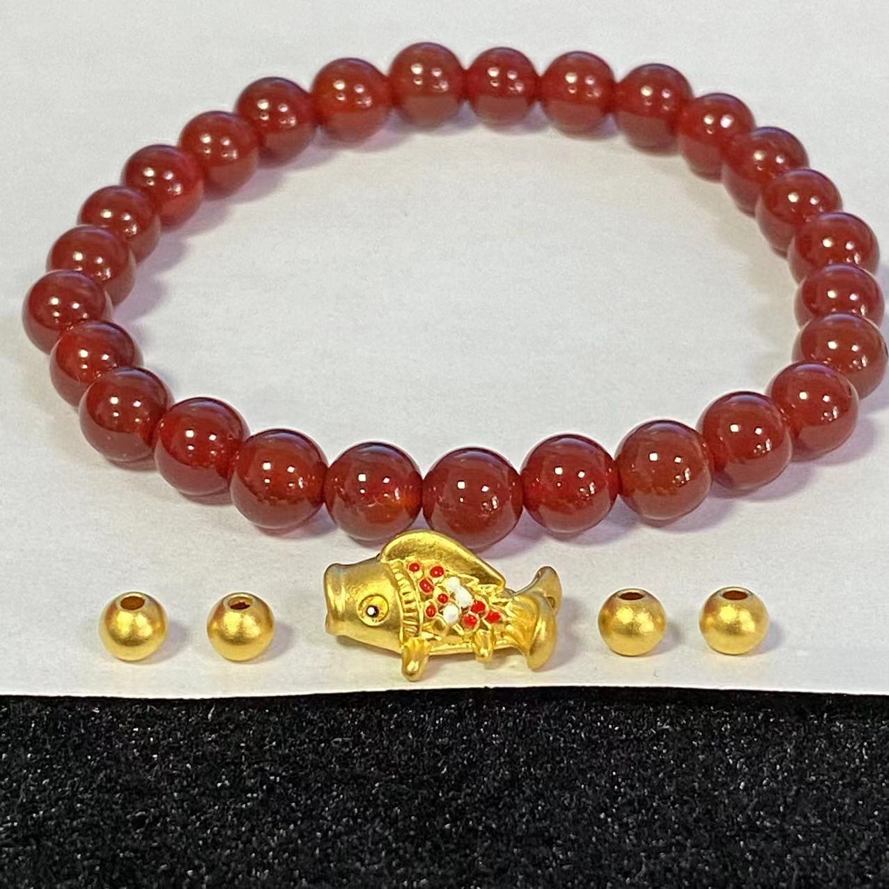 足金999鼓鼓鱼+卡4mm古法4颗搭红玛 瑙手串@@A209