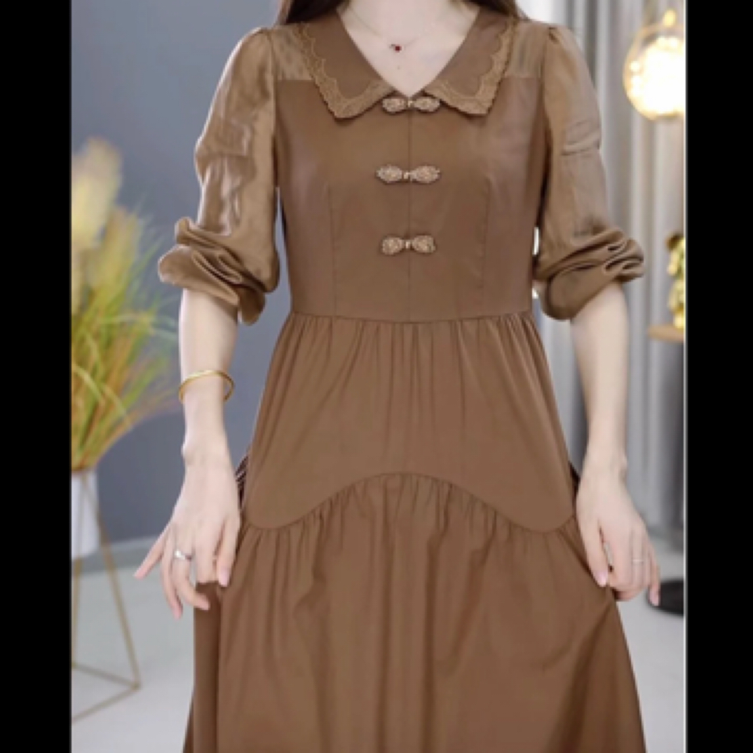 A0600咖色新款优雅气质休闲收腰显瘦长袖连衣裙