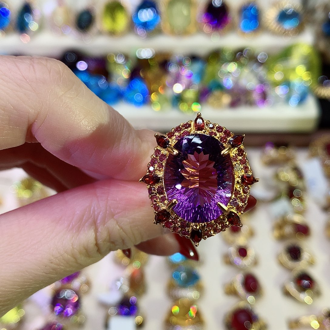 紫晶戒指银S925镀金镶嵌
