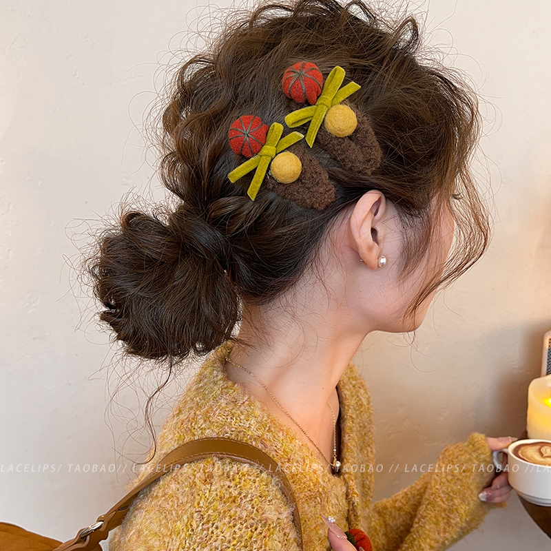 秋冬毛毡球蝴蝶结发夹女毛绒刘海夹2025新款高端边夹百搭发卡发饰