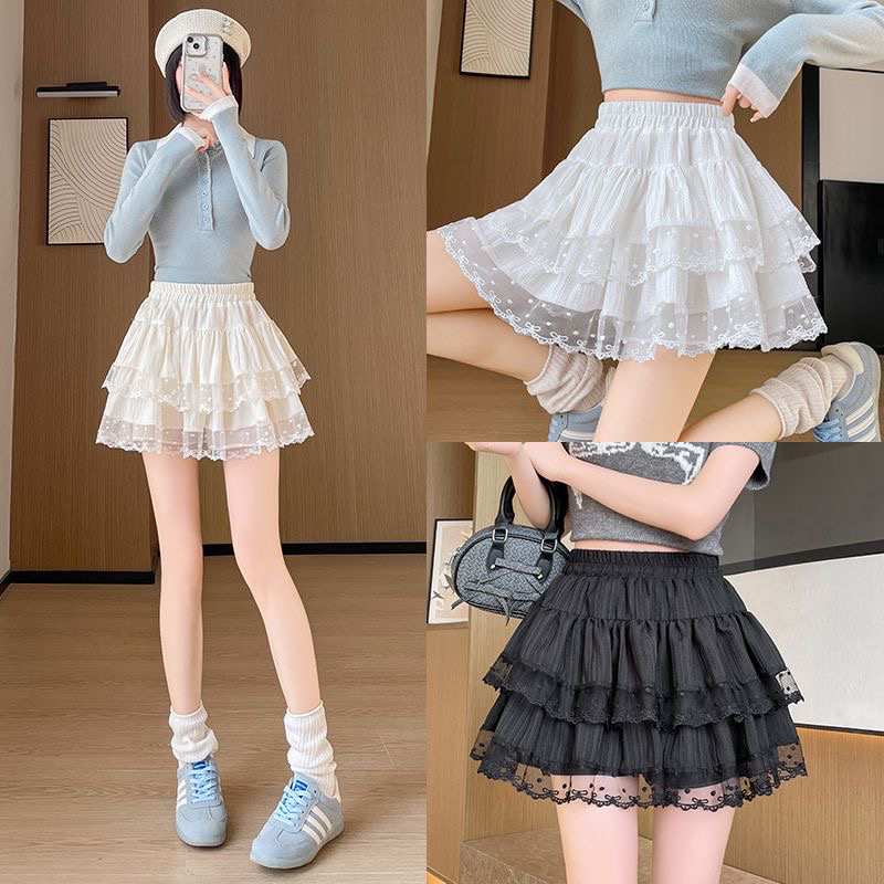 芭蕾风杏色蛋糕裙半身裙女春季蕾丝半裙小个子高腰a字蓬蓬短裙子