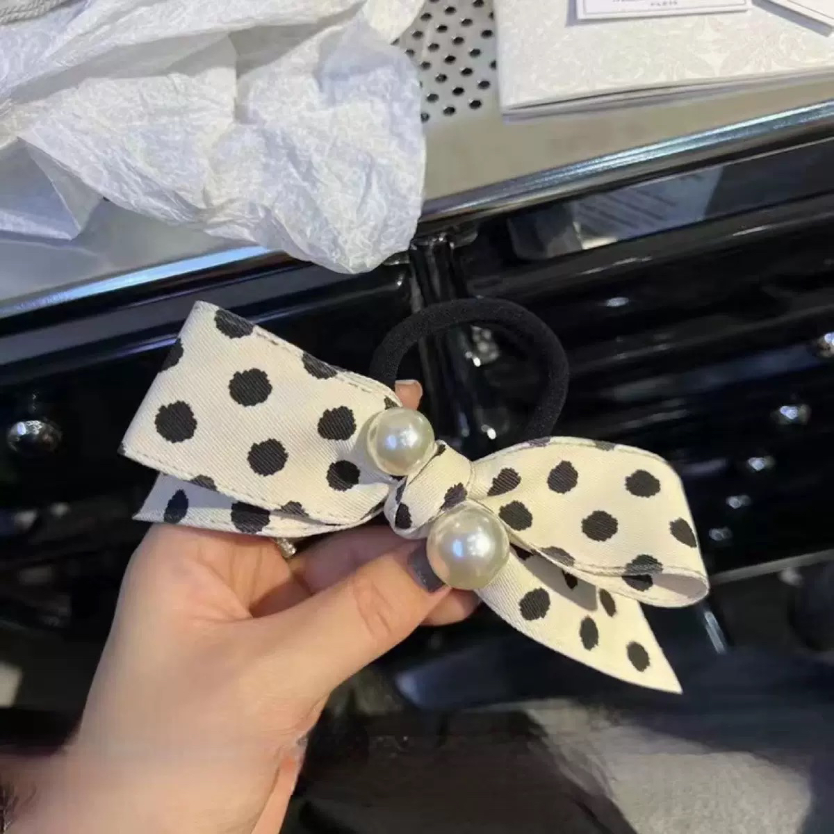 波点布艺蝴蝶结发圈甜美简约扎马尾头绳