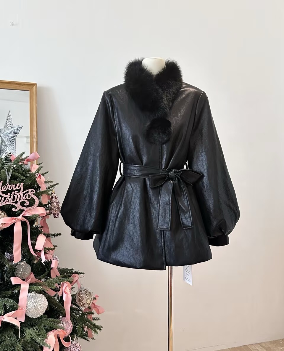 黑色羽绒内胆皮衣羽绒服女冬季毛领外套暖高级感【送毛领】