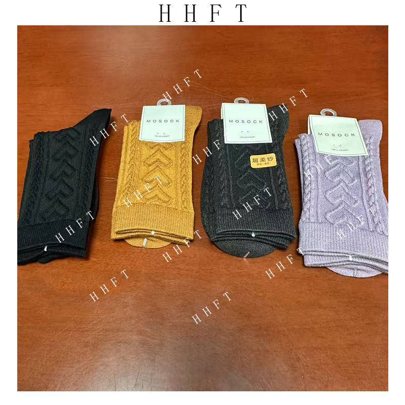 女士中长筒秋冬款加厚纯色简约爱心提花保暖超柔纱中筒女袜--240