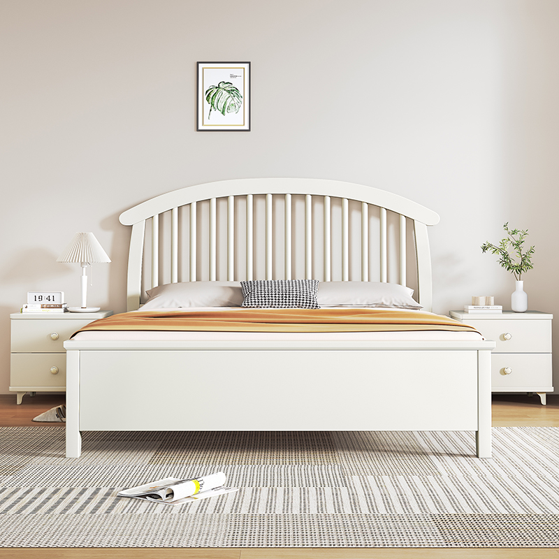 北欧现代简约实木床奶油风家用双人床白色主卧室大床