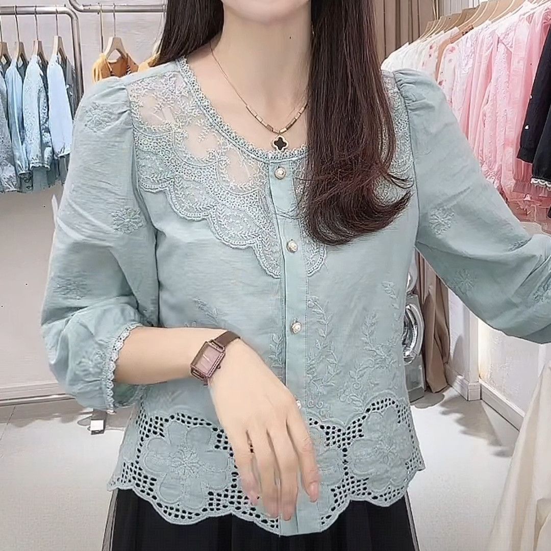 季念100%棉早秋季新款洋气蕾丝花边七分袖衬衫时尚甜美百搭女上衣