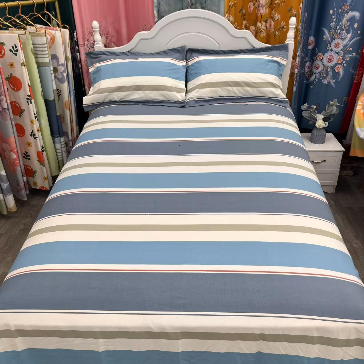 加厚加密铂金软麻老粗布多尺寸 床单  枕套 三件套【梦幻条蓝】