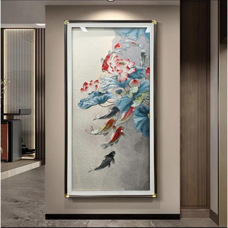 织锦绣荷花九鱼图装饰画高档新中式苏绣入户过道挂画刺绣聚财锦绣