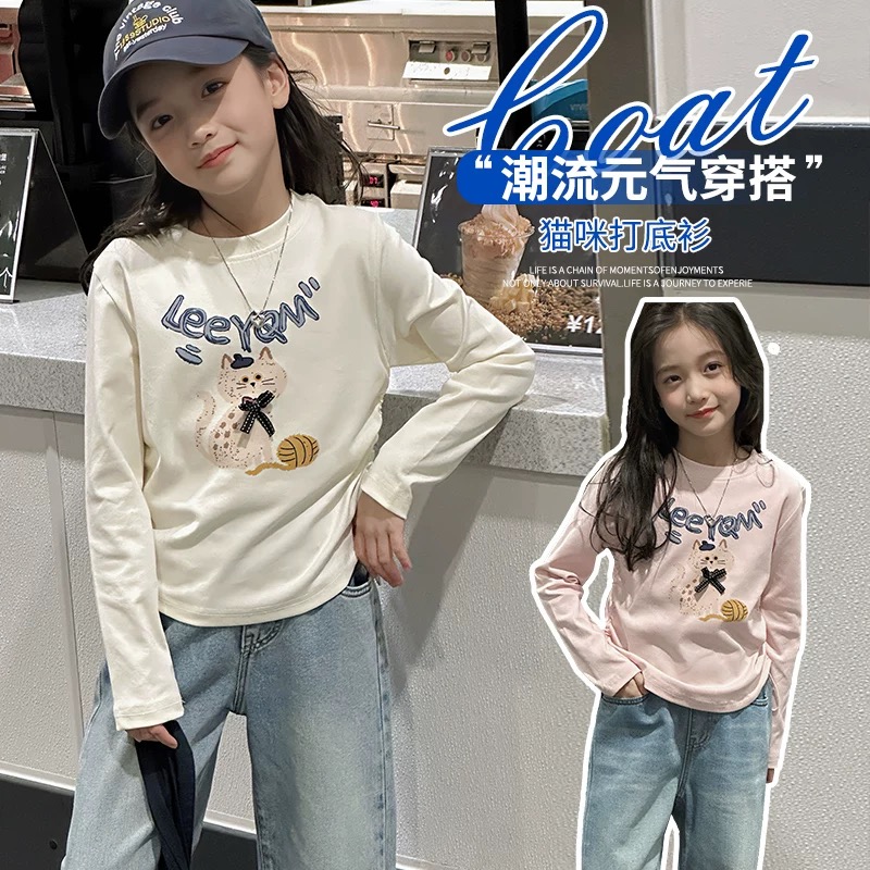 【断码清货】2025春韩版猫咪印花蝴蝶结打底衫T恤 D153 153 R Q