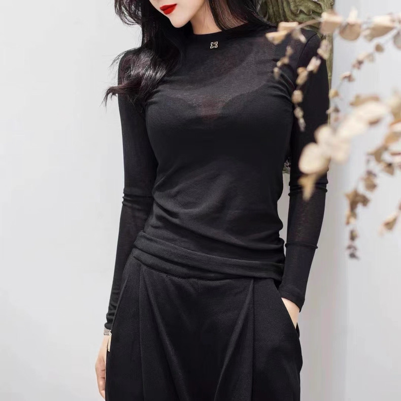 2025秋季韩版时尚女士黑色网纱透视修身薄款打底衫女